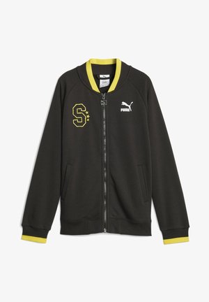 Czarna kurtka na zamek błyskawiczny z żółtymi akcentami, z prążkowanymi mankietami i kołnierzem, z haftowanym logiem "S" oraz logo Pumy na piersi.