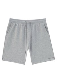 Shorts gris en tissu doux en mélange de coton, dotés d'une taille élastique avec cordon de serrage, de poches latérales et d'un petit logo sur l'ourlet.