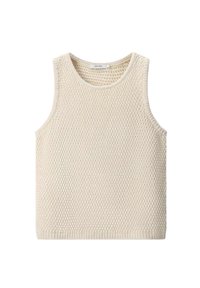 Beige knitted tank top with a textured surface, round neckline, and sleeveless design. Ribbed hem at the bottom and armholes.