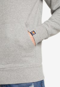 Grå hoodie i mjukt tyg, med kenguruficka och ribbad mudd, och en logotag på ärmen. Avslappnad design.