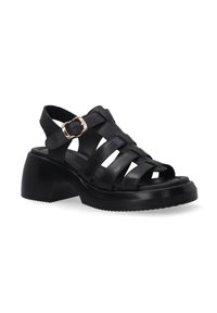 Black leather sandal with multiple straps, an ankle buckle, and a chunky heel. Textured surface and rugged sole for traction.