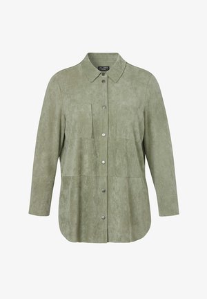 Hellgrüne Wildleder-Hemdjacke mit langen Ärmeln, Druckknöpfen vorne und zwei aufgesetzten Brusttaschen.