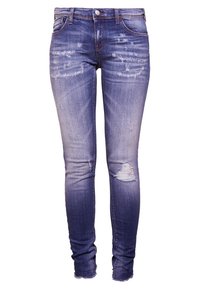 Skinny Jeans aus mittelblauem Denim mit abgenutzten Akzenten und ausgefransten Säumen. Verfügt über Fronttaschen und einen Knopfverschluss.