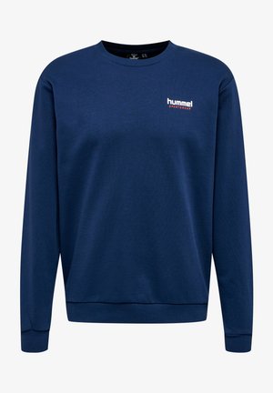 Granatowy sweatshirt wykonany z mieszanki bawełny, z prążkowanym okrągłym dekoltem, długimi rękawami oraz małym białym logo na lewym piersi.