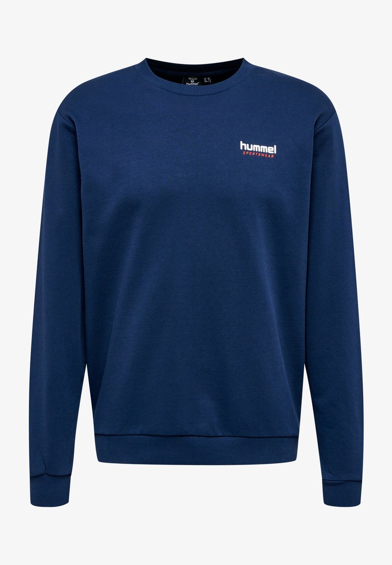 Marineblauwe sweatshirt van een katoenmix, met een ribgebreide ronde hals, lange mouwen en een klein wit logo op de linkerkant van de borst.