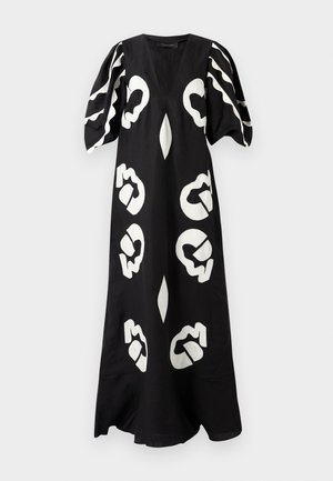 Robe maxi noire longue avec un décolleté en V profond, des manches bouffantes et des motifs abstraits blancs tout au long. Fabriquée en tissu léger.