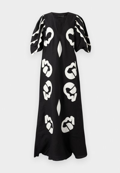 Rochie maxi lungă, neagră, cu decolteu adânc în V, mâneci bufante și modele abstracte albe pe toată suprafața. Construită dintr-un material ușor.