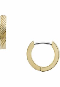 Goldene Creolen mit glänzender Oberfläche und einem strukturierten, gerippten Design auf einer Seite. Mit sicherem Scharnierverschluss.