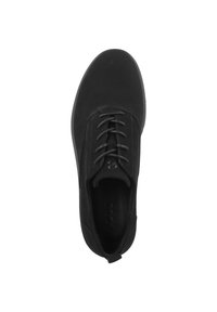 Sneaker nera con parte superiore in tessuto liscio, punta rotonda e design con sei occhielli per lacci. Fodera interna morbida e suola piatta.