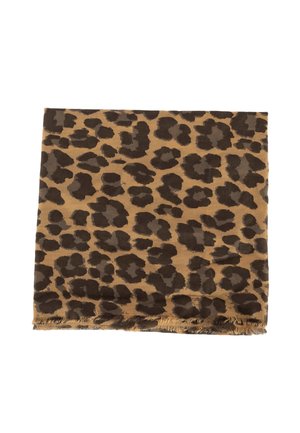 Écharpe imprimé léopard marron et noir avec des bords effilochés, pliée à plat sur fond blanc.