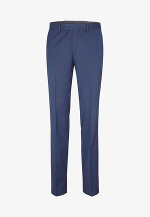 Tumsas zils bikses ar taisnu piegriezumu, izgatavotas no gludas auduma. Iekļauj jostu ar jostu cilpām un plakanu priekšpusi.