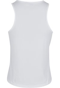 Top senza maniche bianco con scollatura rotonda, tessuto liscio e senza motivi visibili. Design semplice, adatto per un abbigliamento informale.