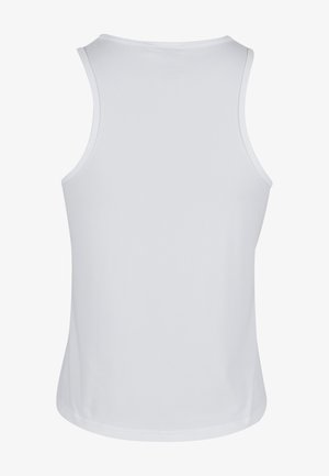 Biely bezrukávový top s okrúhlym výstrihom, hladkým materiálom a bez viditeľných vzorov. Jednoduchý dizajn, vhodný na neformálne nosenie.
