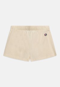 Shorts color crema realizzati in tessuto morbido, con vita elasticizzata e un piccolo logo ricamato sul lato sinistro.