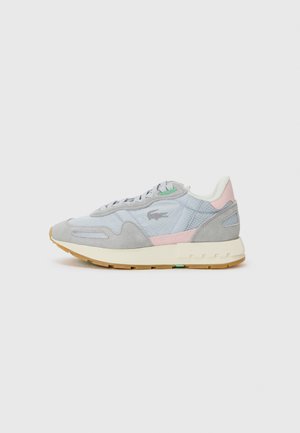 Light gray suede sneakers with pastel pink and blue accents, textured mesh panels, padded collar, and a beige rubber sole.