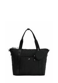 Black nylon tote bag with dual handles and a front pocket. Features a detachable round pouch, sleek design, and subtle logo detail.