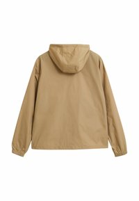 Giacca in nylon beige con cappuccio, polsini elastici e design semplice. Leggera e con una consistenza liscia, adatta per un abbigliamento casual.