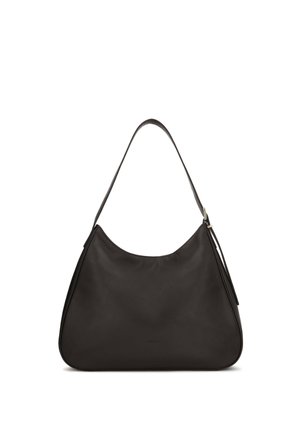 Sac à bandoulière en cuir noir avec un dessus incurvé, une seule sangle et un détail de boucle fine sur le côté.