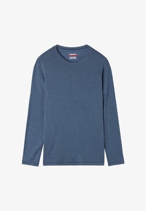 Camiseta térmica de manga larga en azul oscuro. Cuello redondo, textura suave y corte recto. Presenta costuras simples a lo largo de las mangas y el dobladillo.