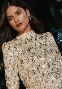 Mirdzoša kleita zeltainos un sudraba toņos ar garām piedurknēm, augstu apkakli un teksturētu rakstu, kas rotāta ar atstarojošām sekvīnām un izsmeļošām akcentiem.