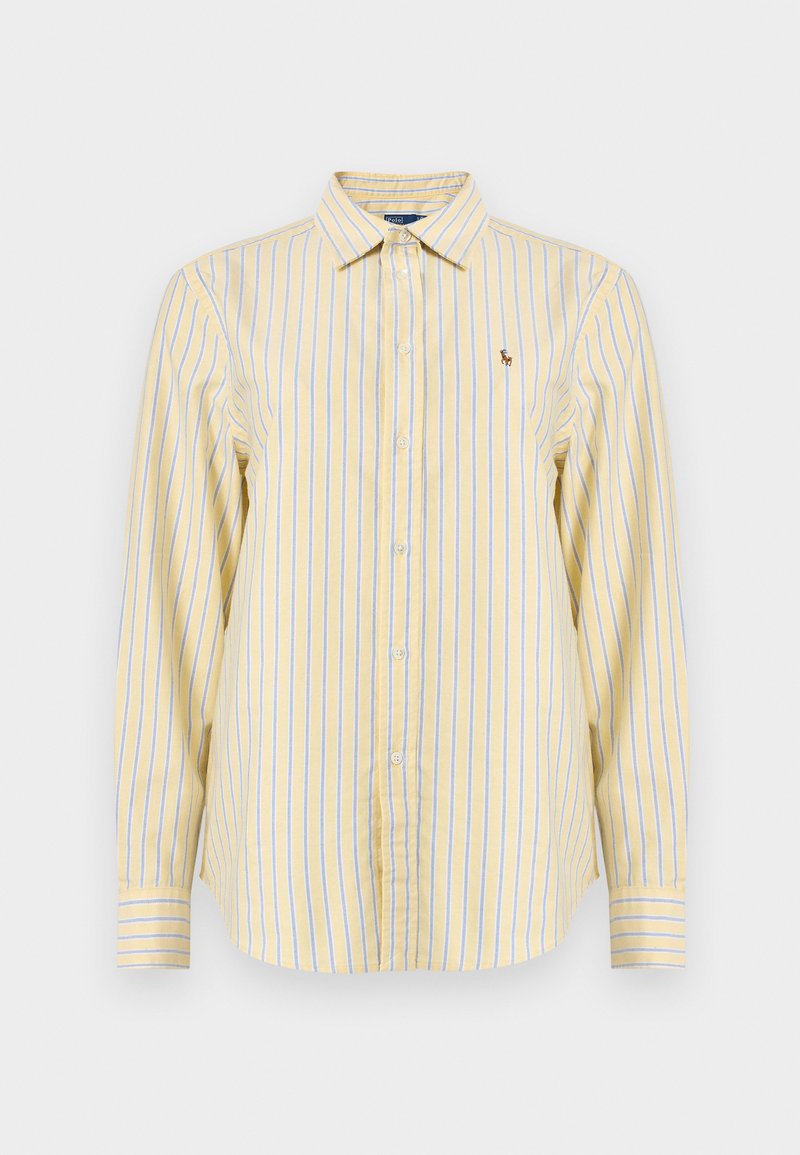 Chemise à manches longues rayée jaune et bleu clair, dotée d'un col et de boutons sur le devant, avec un petit logo sur la poitrine gauche.