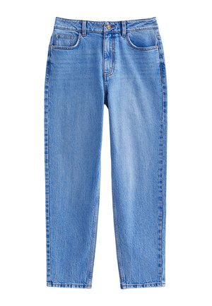 Jeans in denim azzurro chiaro, taglio dritto, con cinque tasche, chiusura a bottone e una leggera scoloritura sulla superficie del tessuto.