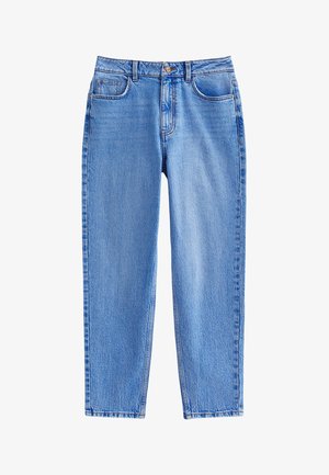 Helle blaue Jeans aus Denim mit geradem Bein, ausgestattet mit fünf Taschen, einem Knopfverschluss und subtilen Ausbleichungen auf der Stoffoberfläche.