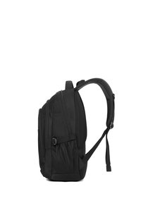 Zwarte rugzak met een gestructureerde stof, meerdere met rits sluitbare compartimenten, gaasaccenten, een gevoerde achterkant en verstelbare schouderbanden.