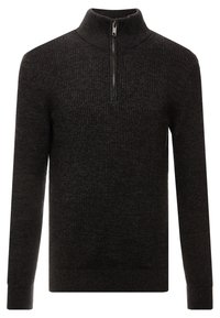 Dunkelgrauer Zip-Kragen-Pullover mit langen Ärmeln, strukturierter Stoff, gerippte Bündchen und Saum, mit einem halben Reißverschluss am Kragen.