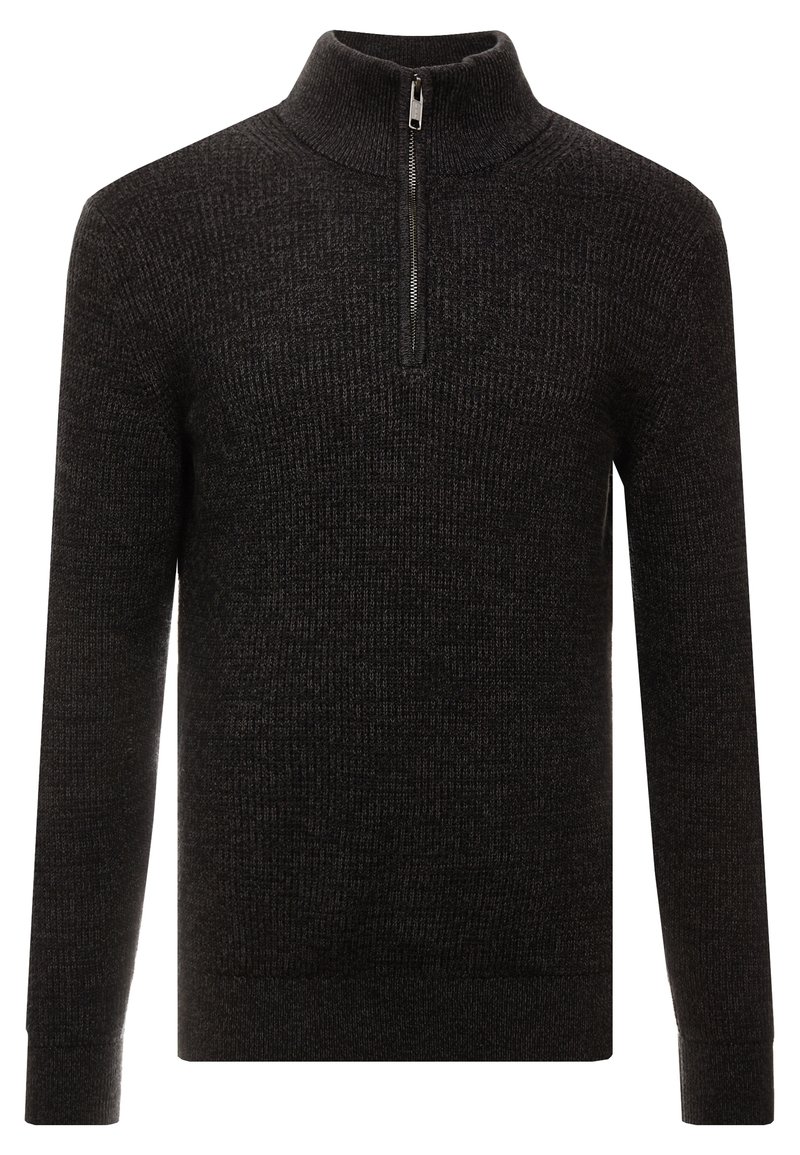 Dunkelgrauer Zip-Kragen-Pullover mit langen Ärmeln, strukturierter Stoff, gerippte Bündchen und Saum, mit einem halben Reißverschluss am Kragen.