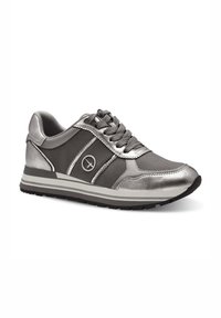Sportlicher Schuh aus grauem Synthetikleder mit silbernen Akzenten. Verfügt über ein Schnürdesign, einen gepolsterten Kragen und eine Gummisohle für guten Halt.