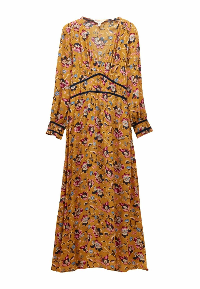 Maxikleid mit Blumenmuster in Senfgelb, langen Ärmeln, V-Ausschnitt und schwarzem Besatz an der Taille und den Ärmeln. Leichter Stoff.