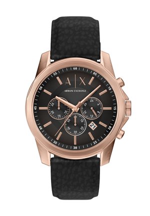 Montre chronographe Armani Exchange en or rose avec bracelet en cuir noir texturé, cadran noir, trois sous-cadrans et affichage de la date à 4 heures.