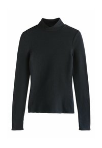 Schwarzer gerippter Rollkragenpullover mit langen Ärmeln, der eine taillierte Silhouette und einen gewellten Saum besitzt. Hergestellt aus einem weichen Stoff.