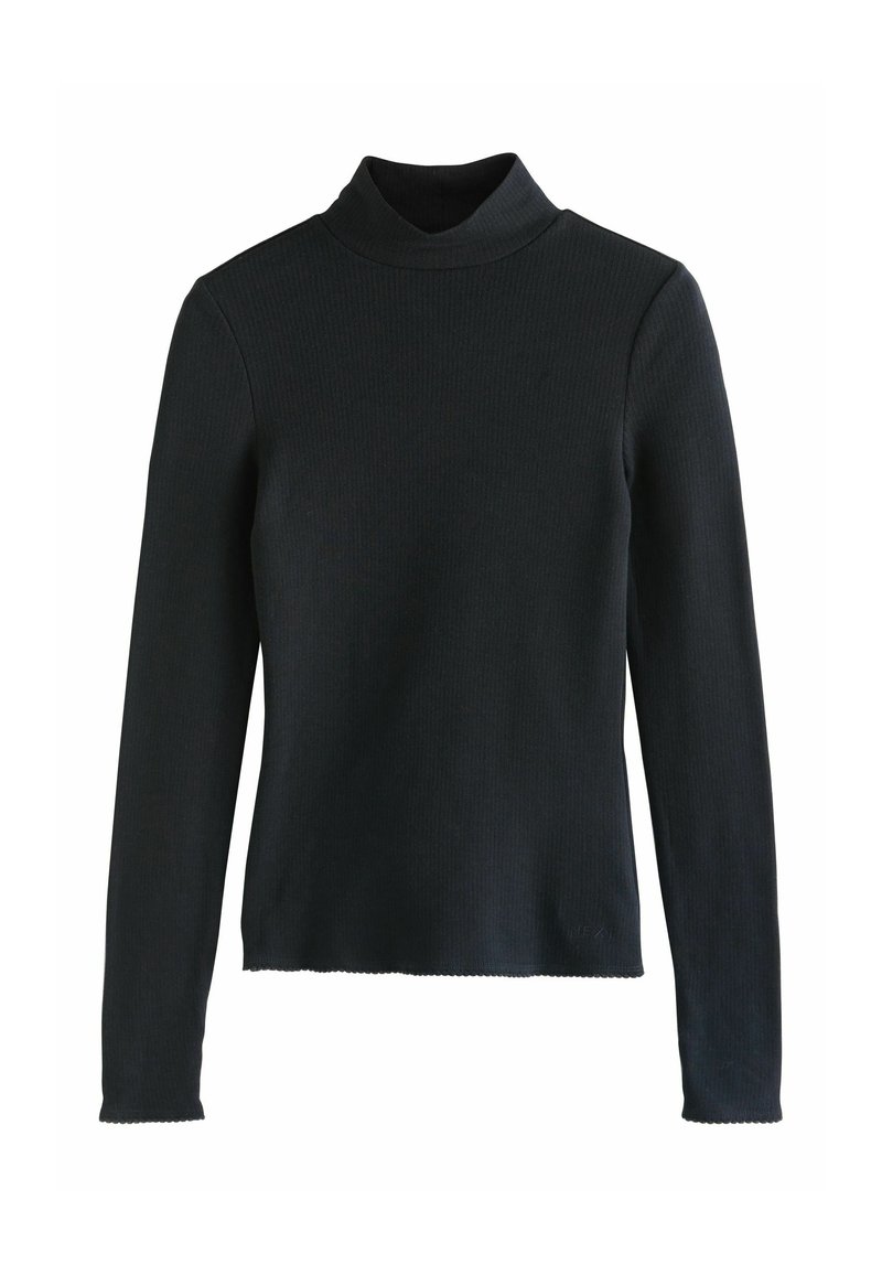 Schwarzer gerippter Rollkragenpullover mit langen Ärmeln, der eine taillierte Silhouette und einen gewellten Saum besitzt. Hergestellt aus einem weichen Stoff.