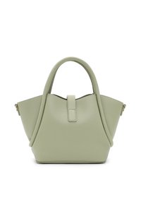 Borsa in pelle verde chiaro con due manici arrotondati, una chiusura a strappo superiore, e una forma trapezoidale larga su sfondo bianco.