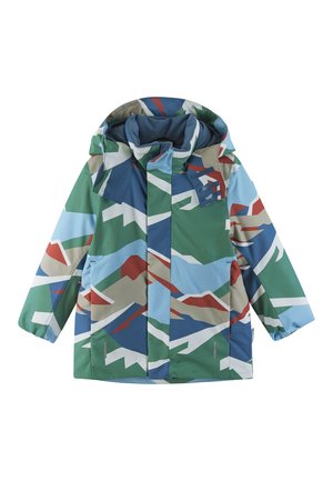 Giacca colorata e stampata che presenta tonalità di verde, blu, rosso e beige, con cappuccio e tasca frontale. Materiale liscio e resistente all'acqua.