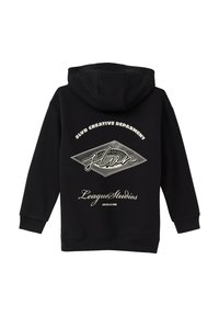 Felpa nera con cappuccio che presenta un design grafico sul retro con il testo "SLVR CREATIVE DEPARTMENT", una forma a diamante e "League Studios" in bianco.