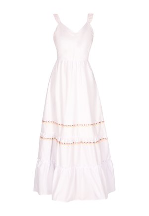 Bela obleka z oprijetim korzetom, tankimi naramnicami in široko krilo z nabranimi plastmi, okrašena s pisanimi cvetličnimi vezeninami.