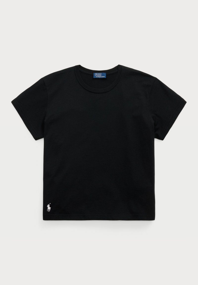T-shirt en coton noir à manches courtes, col rond, avec un petit logo polo blanc en bas à gauche. Texture lisse.