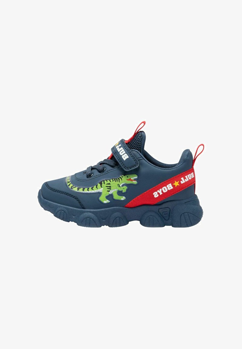 Sneakers blu in materiale sintetico, con una grafica di un dinosauro verde, dettagli rossi e una fascia in velcro per la chiusura. Suola rotonda e spessa.
