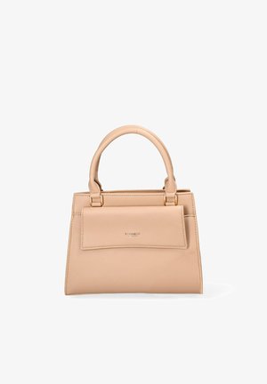 Sac à main en cuir beige avec poignées supérieures, poche à rabat avant et logo "DIANA&CO FIRENZE" centré sur la poche.