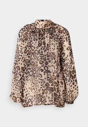 Leopard print blouse in lightweight, sheer fabric with a high neckline, long balloon sleeves, and gathered detailing along the shoulders.