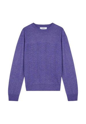 Maglione viola lavorato a maglia con scollo rotondo, caratterizzato da un motivo a zigzag testurizzato sul davanti e polsini e orlo a costine.