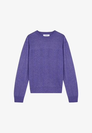 Purple knitted sweater with a crew neckline, featuring a textured chevron pattern on the front and ribbed cuffs and hem.