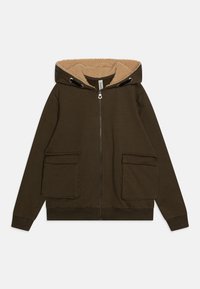 Brun zip-up hettegenser med en lysebrun fleece-fôret hette, to frontlommepatcher og ribbestrikkede ermer og kant. Mykt materiale med avslappet passform.