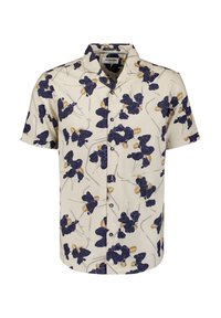 Korte mouwen shirt in lichtbeige stof, met een marineblauw bloemenpatroon met gouden accenten en zwarte knopen aan de voorkant.