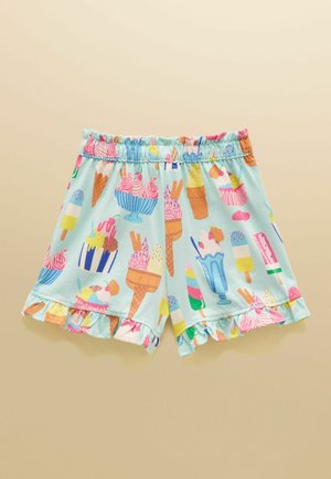 Lyseblå elastiske shorts med farverige isvafler, desserter, ispinde og flæsekant på ensfarvet baggrund.