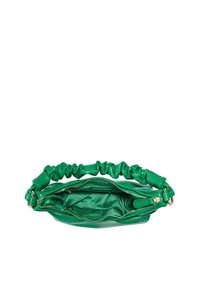 Grüne Lederhandtasche mit einem gerafften Griff, Reißverschlussverschluss und glattem Innenfutter. Verfügt über ein einzelnes Fach zur Aufbewahrung.