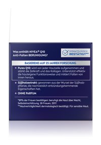 NIVEA Q10 anti-aging cream box, dark blue with white text. Contains ingredients like pure Q10 and licorice extract, noted as fragrance-free.